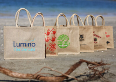 marketing shot for jute bags on beach