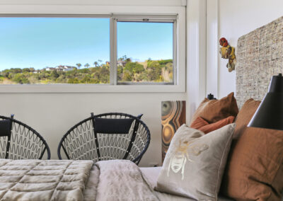 detail shot of interior cushions and blue skies in window