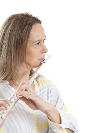 light and airy, yellow and white colours with flute player in action