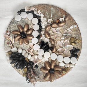 natural mixed media mosaics using shells and rocks in bronze, white and black tones