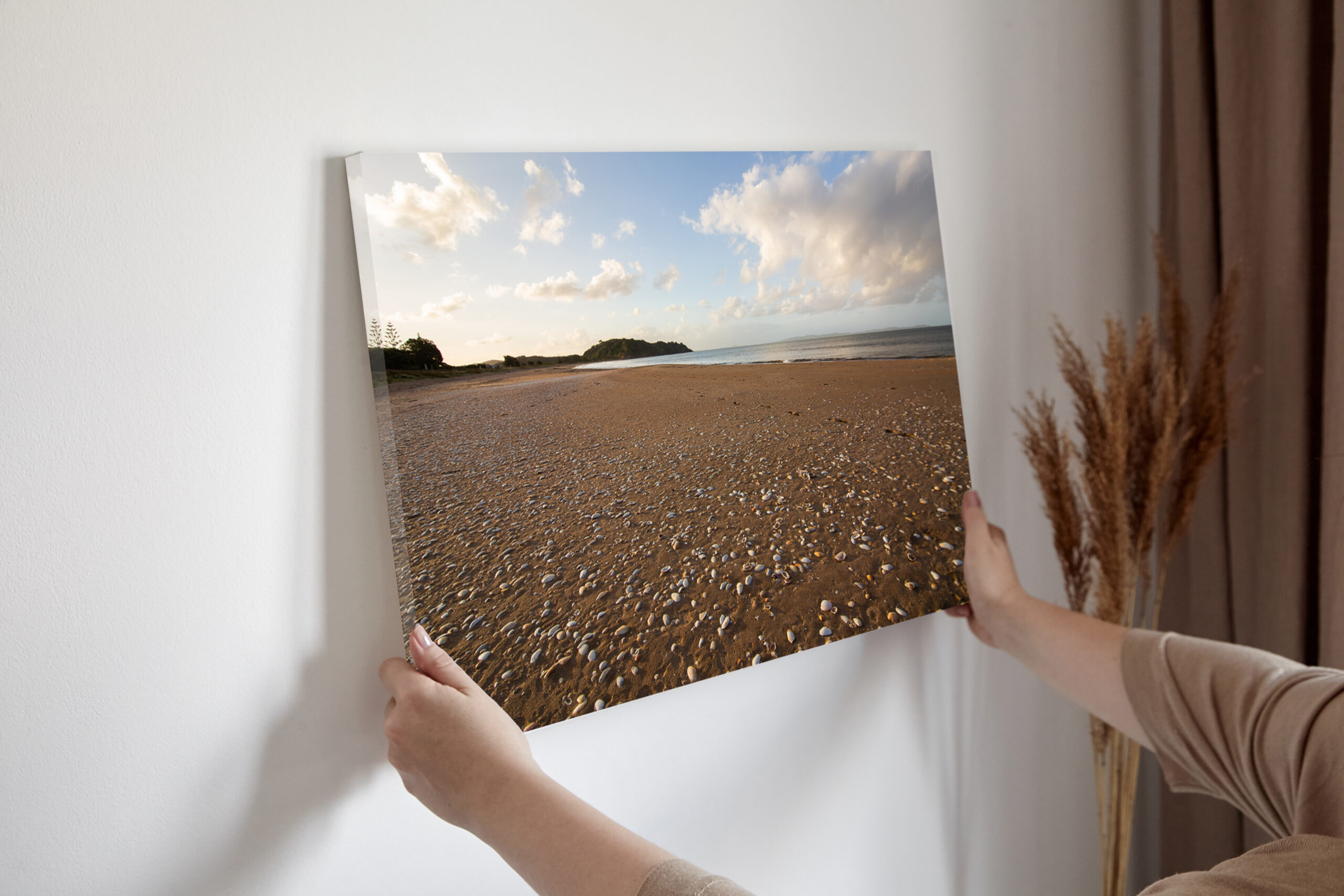 Beachy shells and sand canvas in female hands, picture. Woman hanging canvas on white wall in interior with dry grass and beige curtains